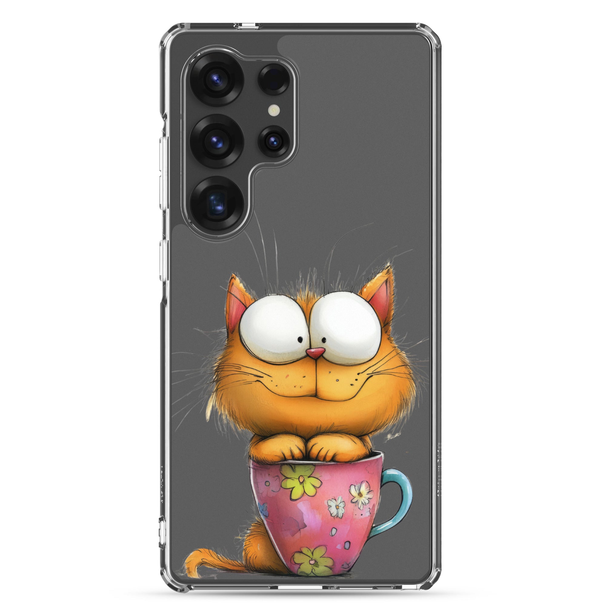 Cute Cat in a Cup Clear Case for Samsung Galaxy S25 Ultra – Playful Illustrated Protective Cover