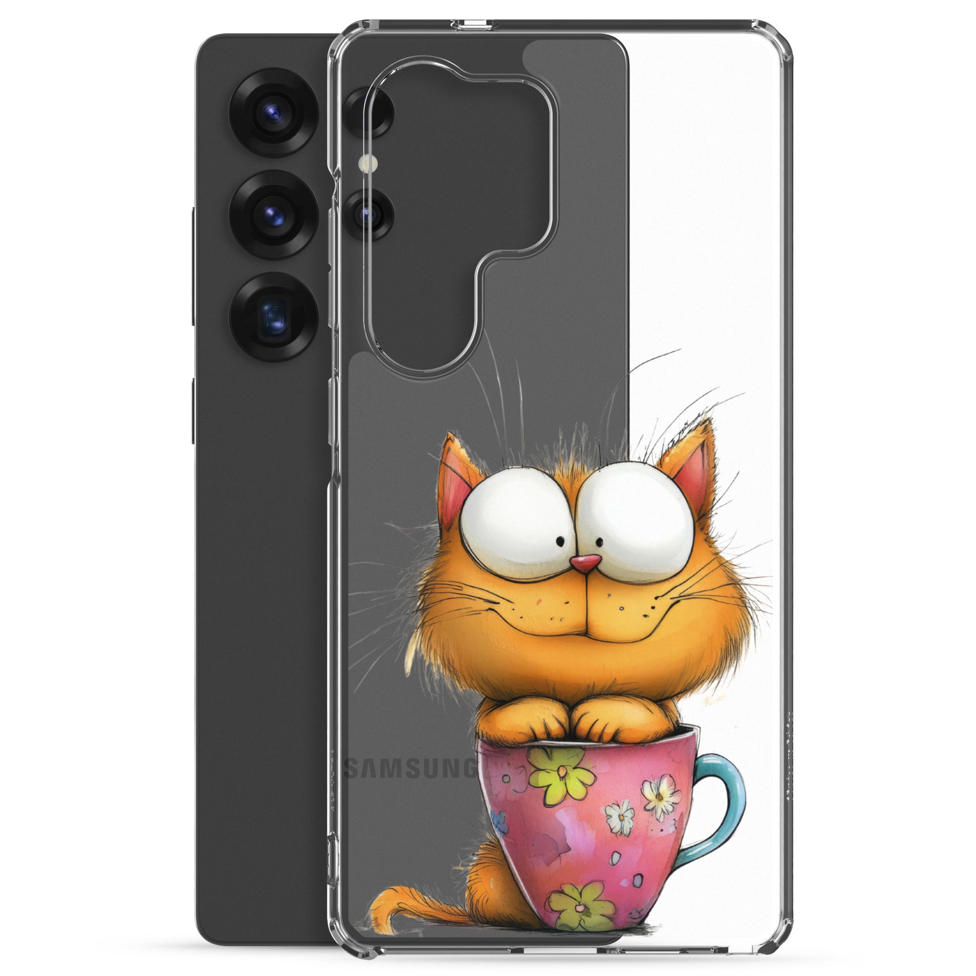 Cute Cat in a Cup Clear Case for Samsung Galaxy S25 Ultra – Playful Illustrated Protective Cover