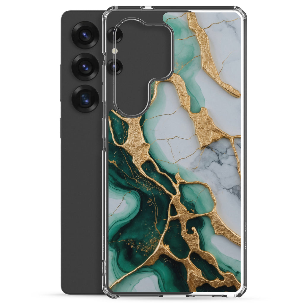 Emerald Green Marble Gold Veins Clear Case for Samsung Galaxy S25 Ultra – Luxury Stone Protective Cover