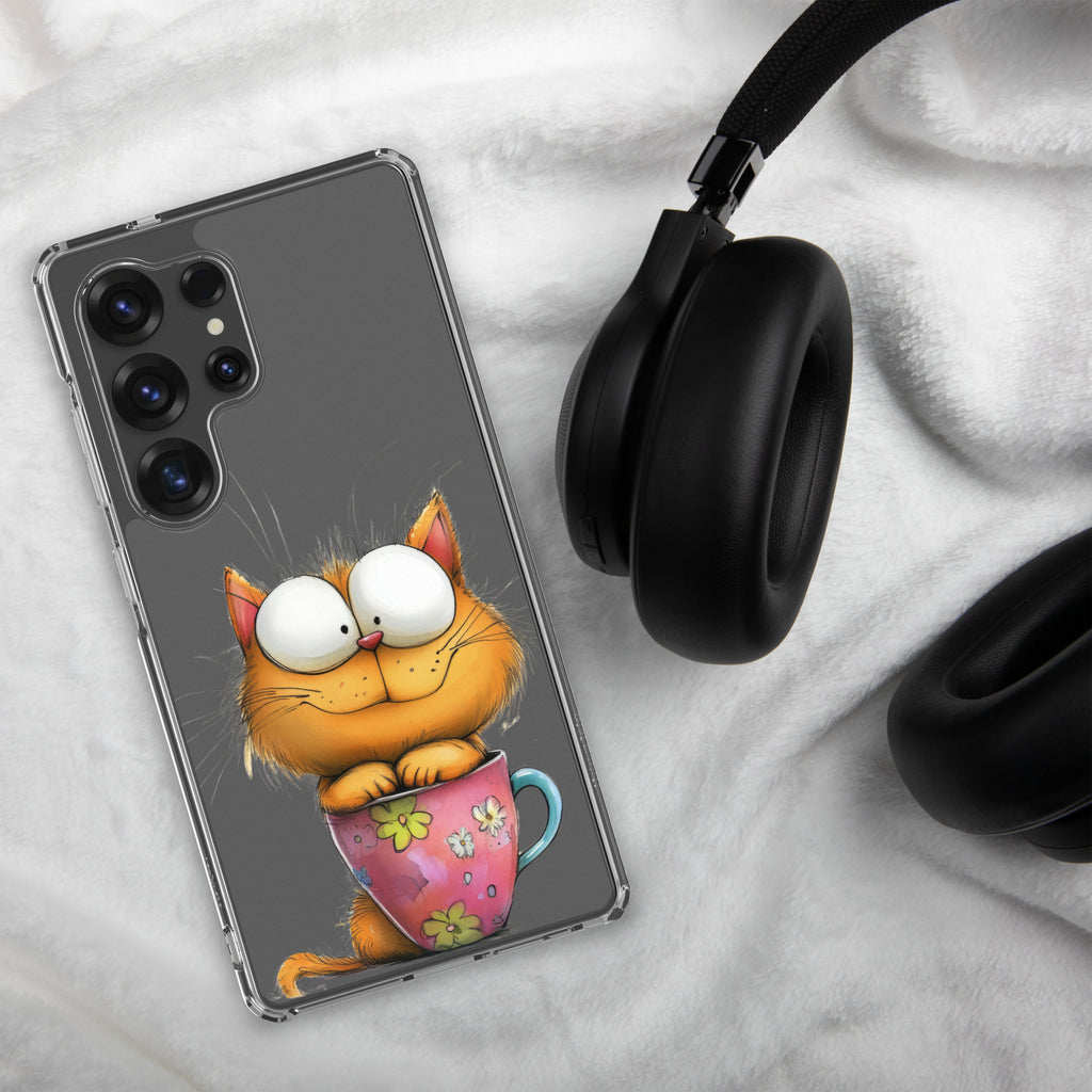 Cute Cat in a Cup Clear Case for Samsung Galaxy S25 Ultra – Playful Illustrated Protective Cover