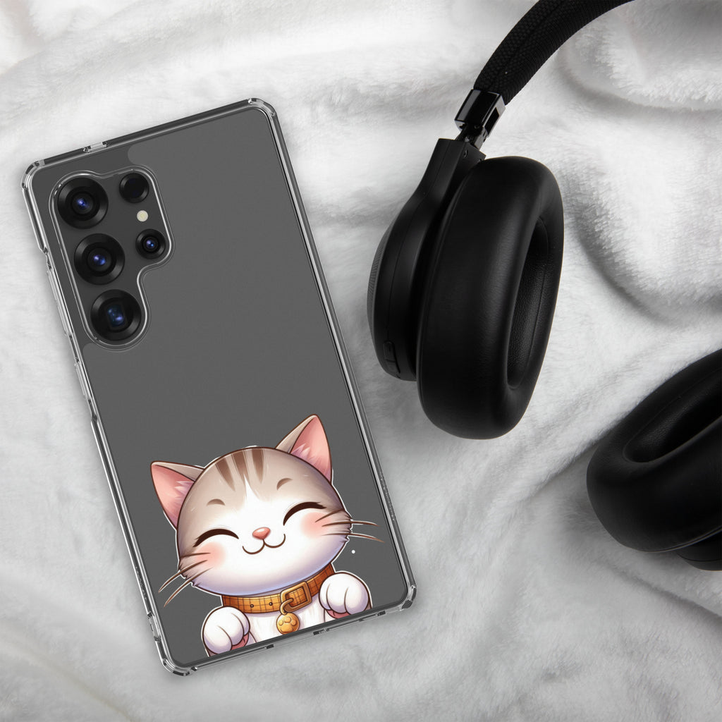 Cute Smiling Cat Clear Case for Samsung Galaxy S25 Ultra – Minimal Kawaii Protective Cover