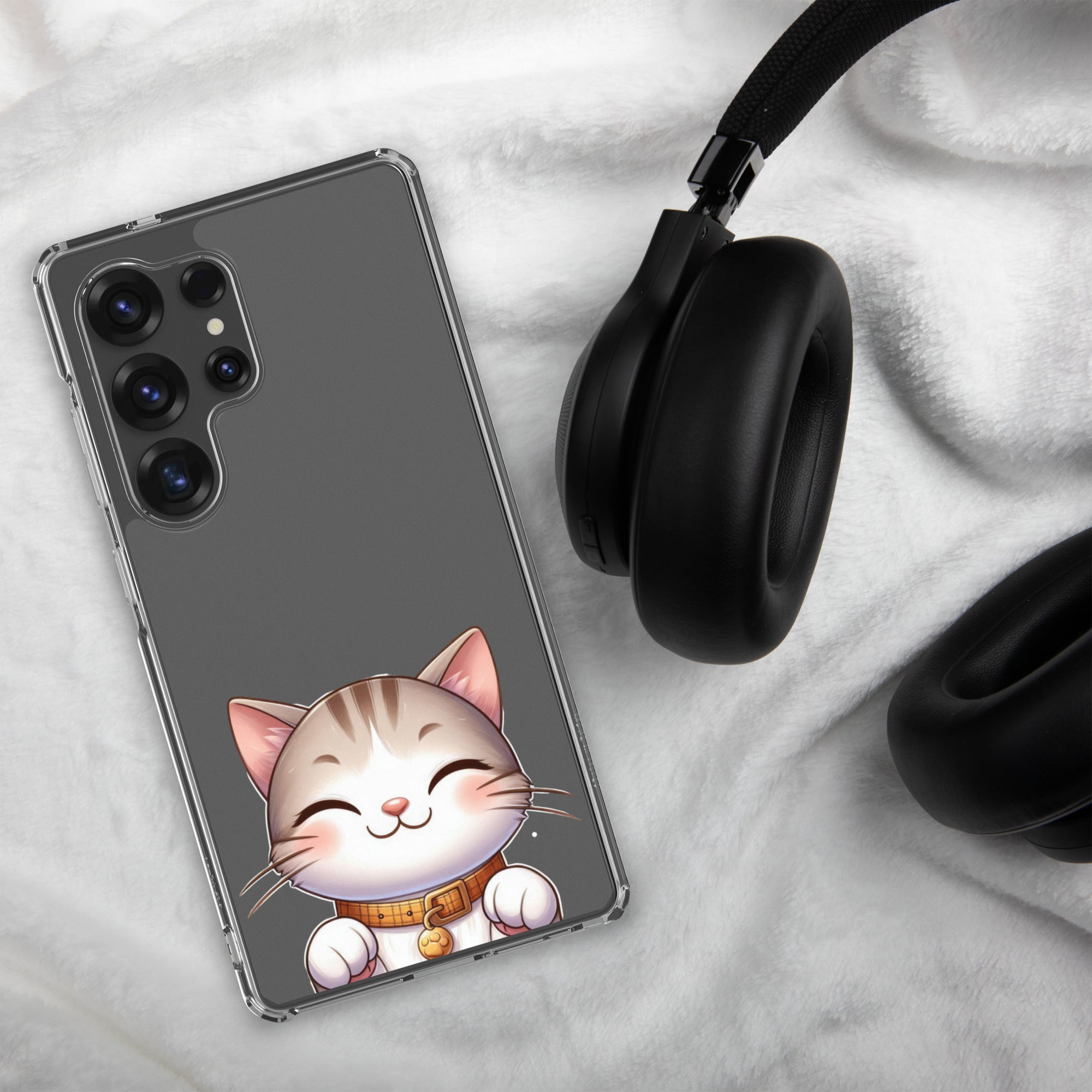 Cute Smiling Cat Clear Case for Samsung Galaxy S25 Ultra – Minimal Kawaii Protective Cover