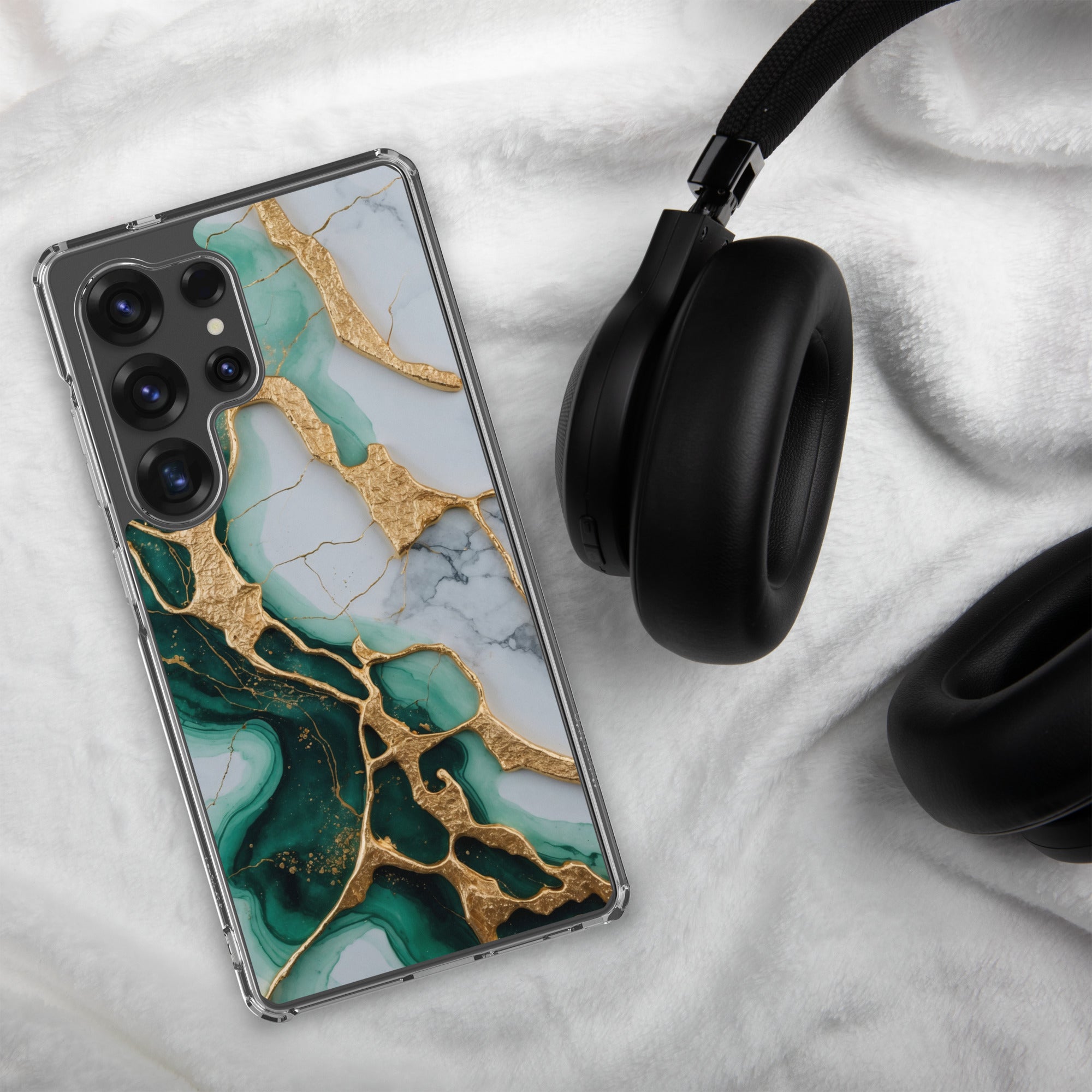 Emerald Green Marble Gold Veins Clear Case for Samsung Galaxy S25 Ultra – Luxury Stone Protective Cover