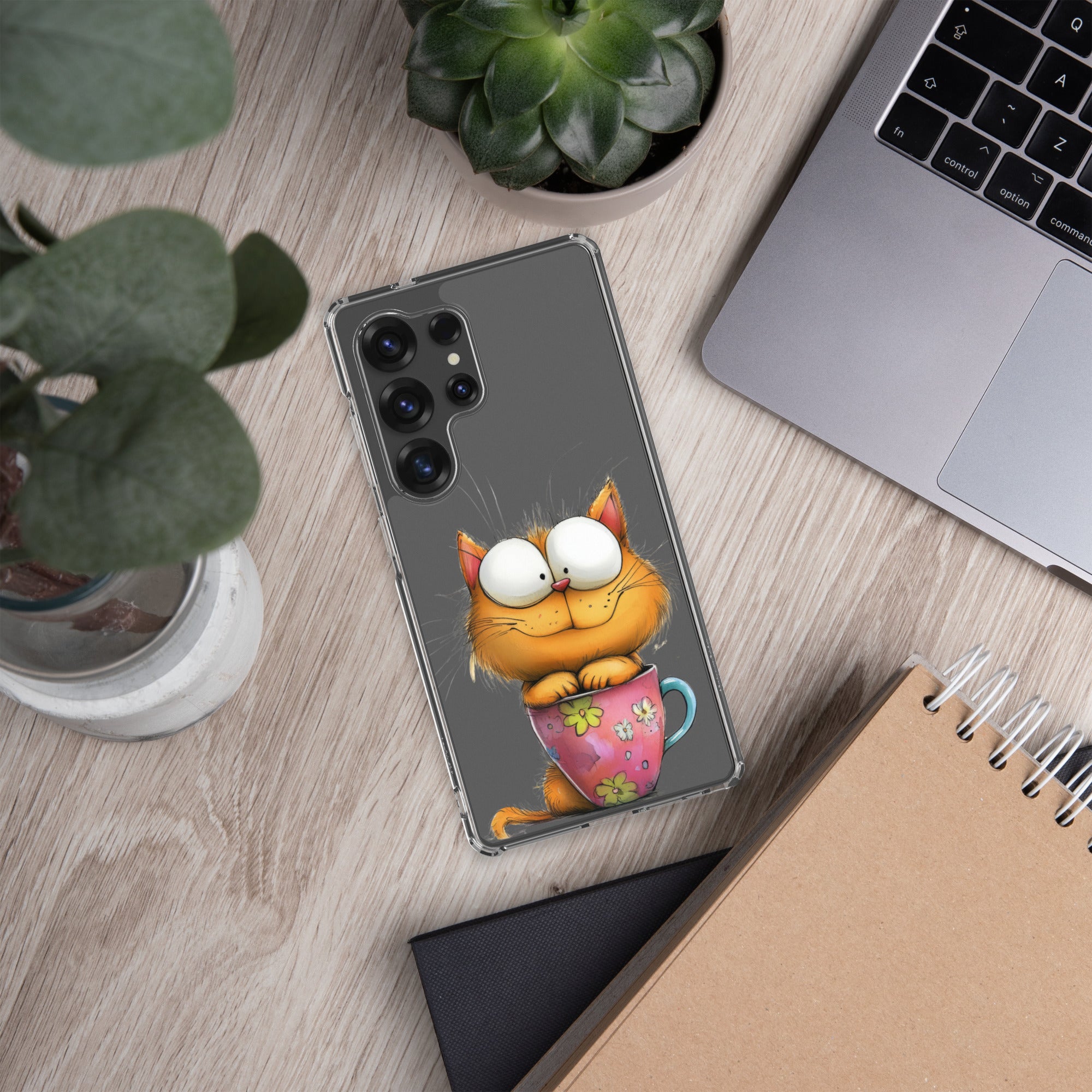 Cute Cat in a Cup Clear Case for Samsung Galaxy S25 Ultra – Playful Illustrated Protective Cover
