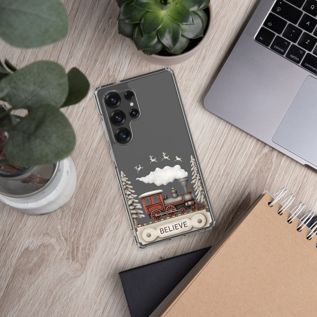 Believe Winter Train Clear Case for Samsung Galaxy S25 Ultra – Minimal Christmas Protective Cover