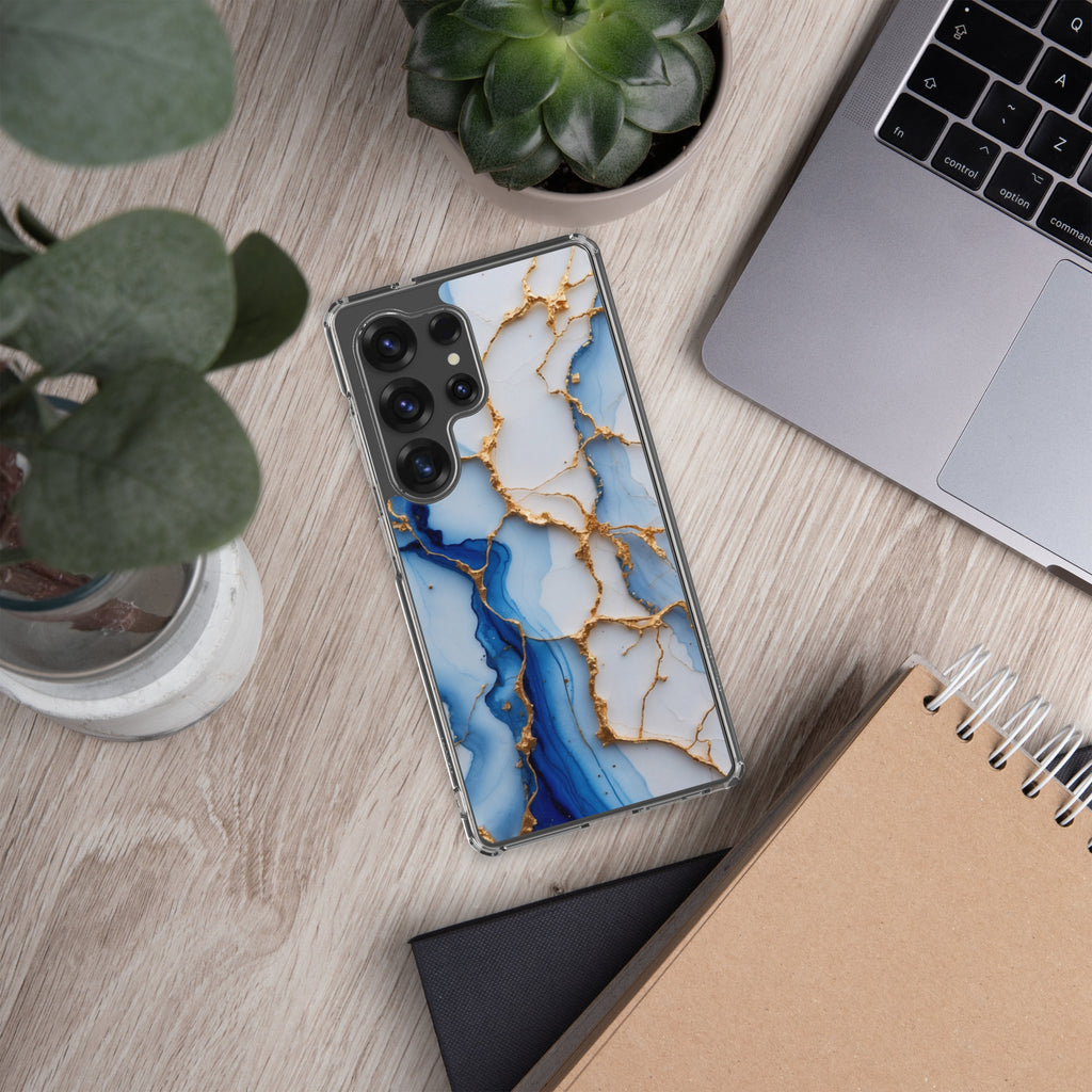 Blue Marble Gold Veins Clear Case for Samsung Galaxy S25 Ultra – Elegant Stone Protective Cover