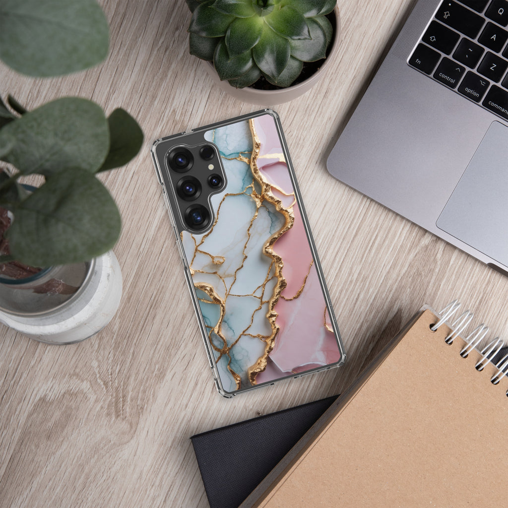 Pastel Marble Gold Clear Case for Samsung Galaxy S25 Ultra – Elegant Abstract Protective Cover