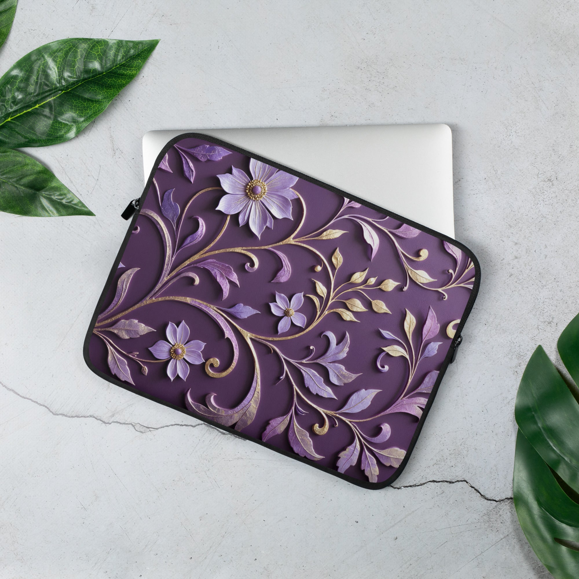 Elegant Purple Floral Laptop Sleeve – Neoprene 13" & 15" Protective Case