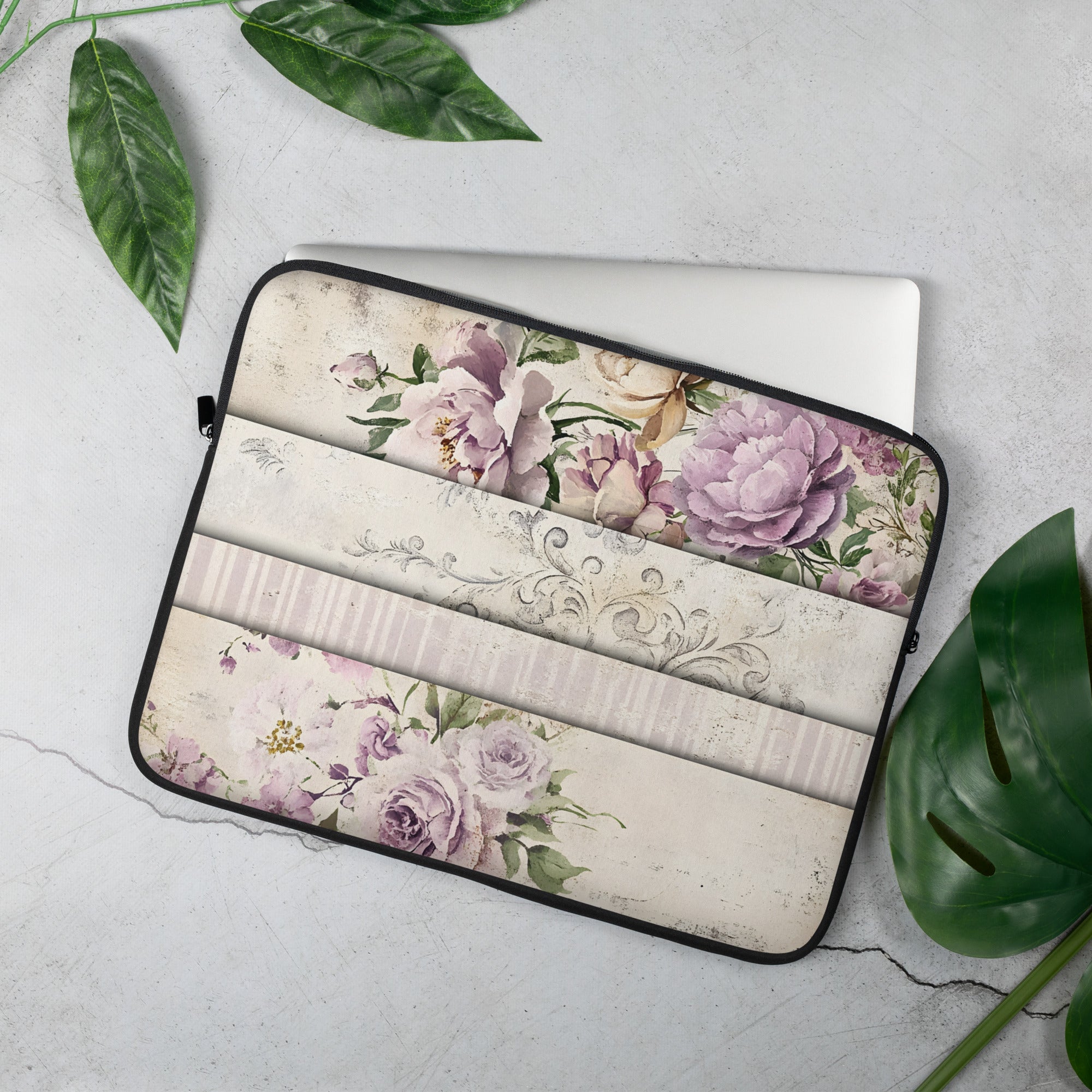 Vintage Lavender Floral Damask Laptop Sleeve – Neoprene 13" & 15" Protective Case