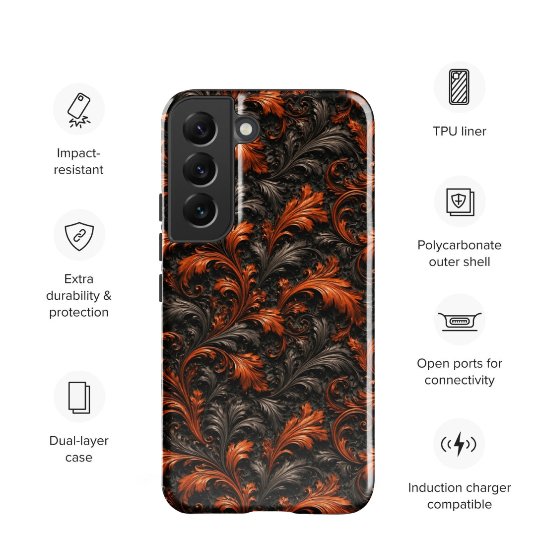 Burnt Orange Filigree Tough Case for Samsung Galaxy S22 – Dual Layer Protective Phone Case (Glossy or Matte)