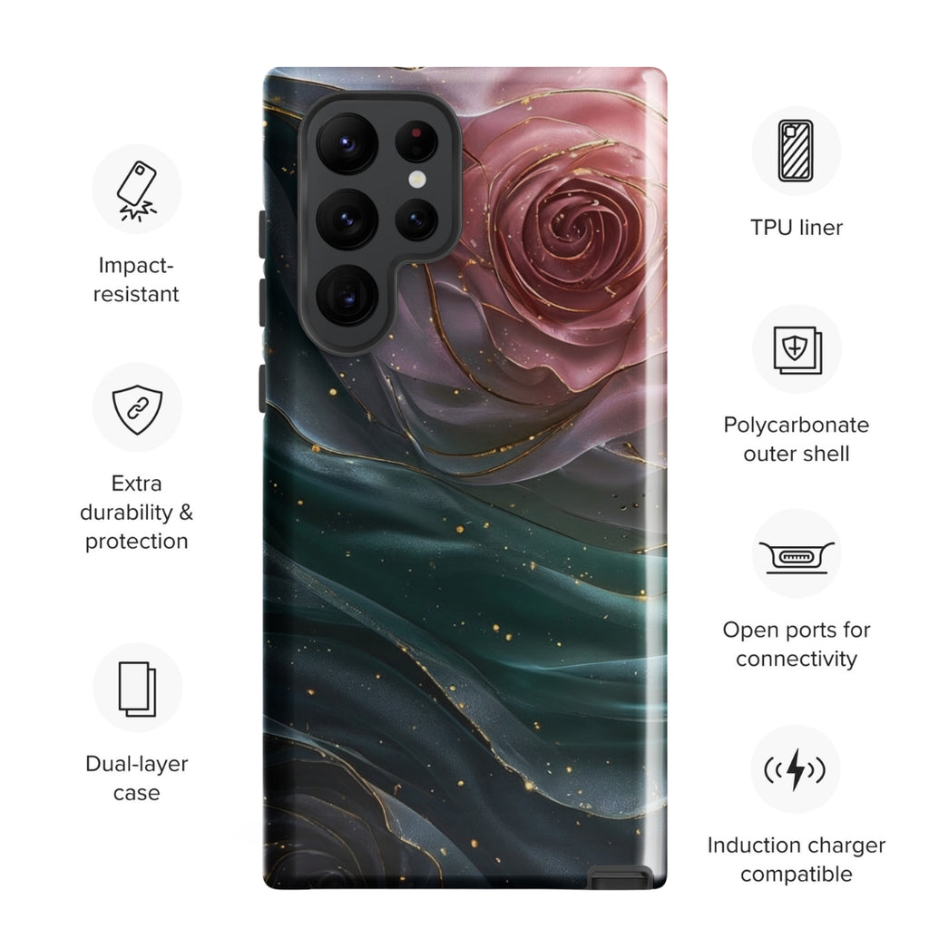 Elegant Rose Marble Tough Case for Samsung Galaxy S22 Ultra – Dual Layer Protective Phone Case (Glossy or Matte)