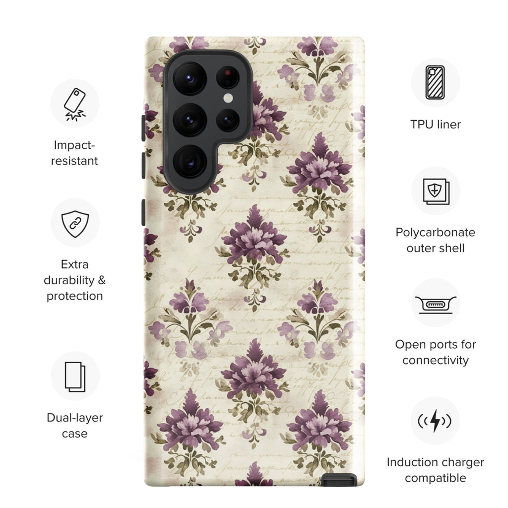 Vintage Floral Damask Tough Case for Samsung Galaxy S22 Ultra – Dual Layer Protective Phone Case (Glossy or Matte)