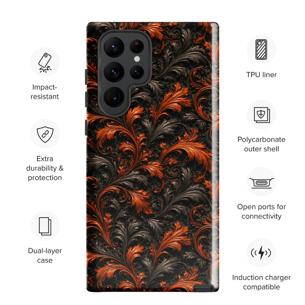 Burnt Orange Filigree Tough Case for Samsung Galaxy S22 Ultra – Dual Layer Protective Phone Case (Glossy or Matte)