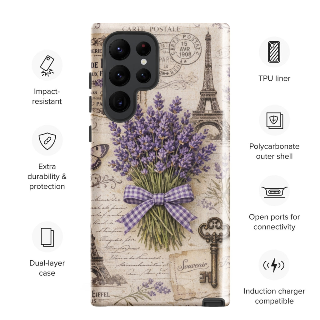 Vintage Paris Lavender Tough Case for Samsung Galaxy S22 Ultra – Dual Layer Protective Phone Case (Glossy or Matte)
