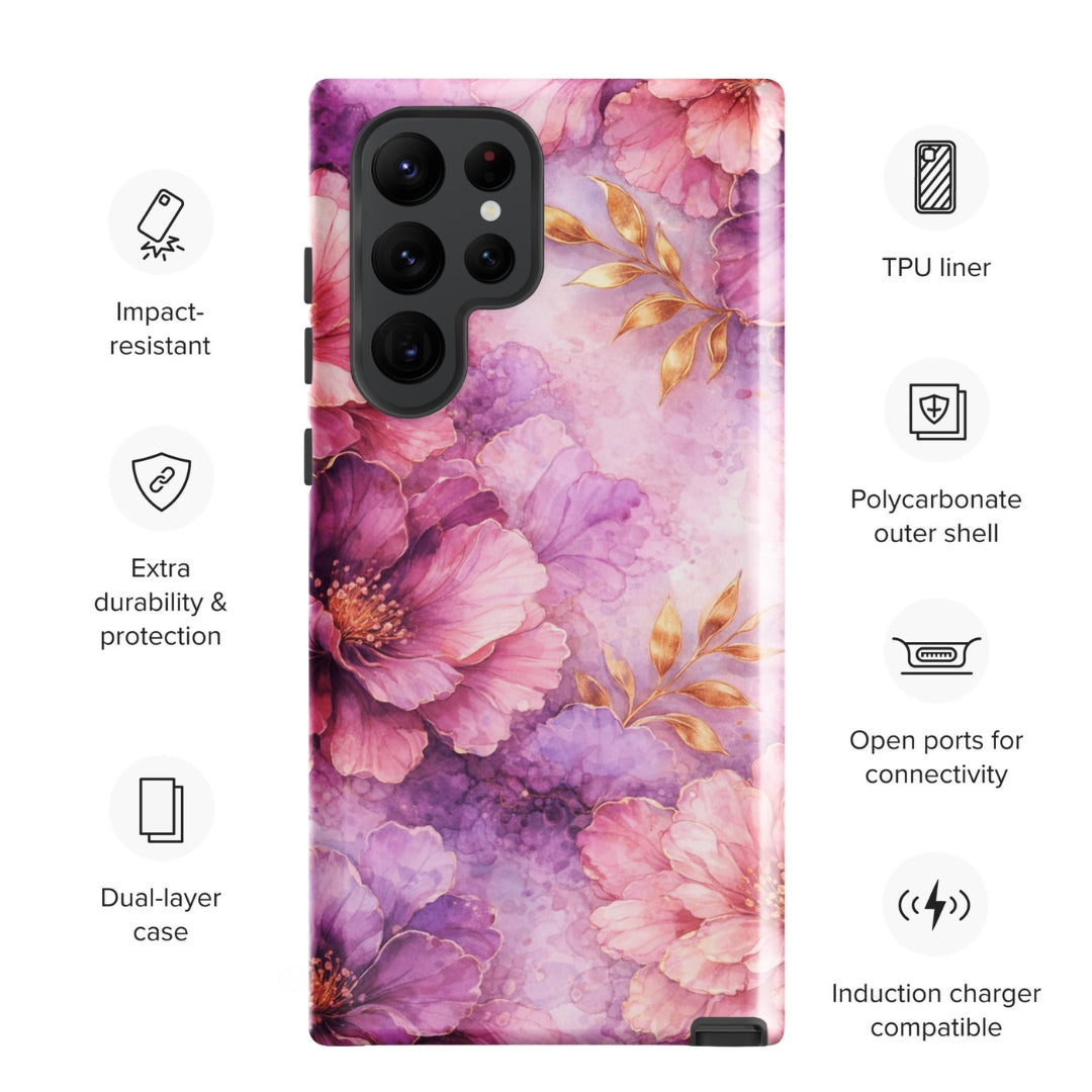 Pink Watercolor Floral Tough Case for Samsung Galaxy S22 Ultra
