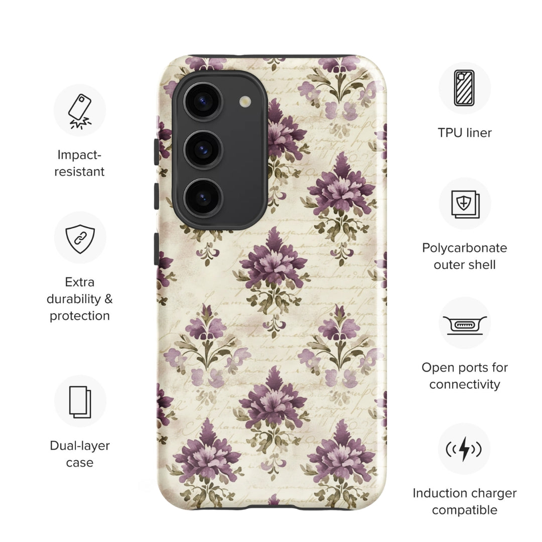 Vintage Floral Damask Tough Case for Samsung Galaxy S23 – Dual Layer Protective Phone Case (Glossy or Matte)