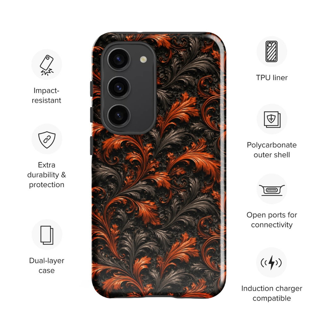 Burnt Orange Filigree Tough Case for Samsung Galaxy S23 – Dual Layer Protective Phone Case (Glossy or Matte)