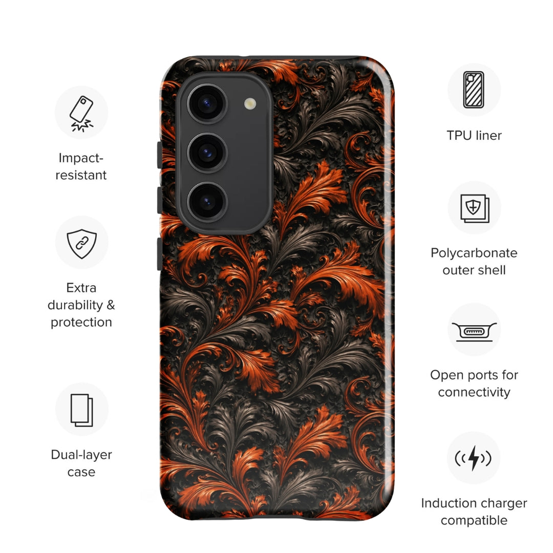 Burnt Orange Filigree Tough Case for Samsung Galaxy S23 – Dual Layer Protective Phone Case (Glossy or Matte)