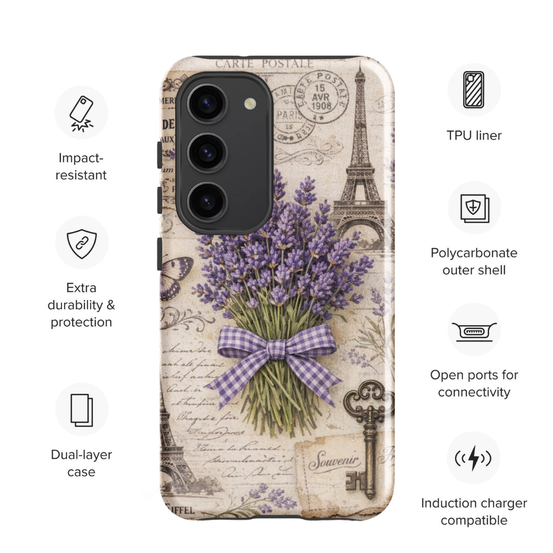 Vintage Paris Lavender Tough Case for Samsung Galaxy S23 – Dual Layer Protective Phone Case (Glossy or Matte)