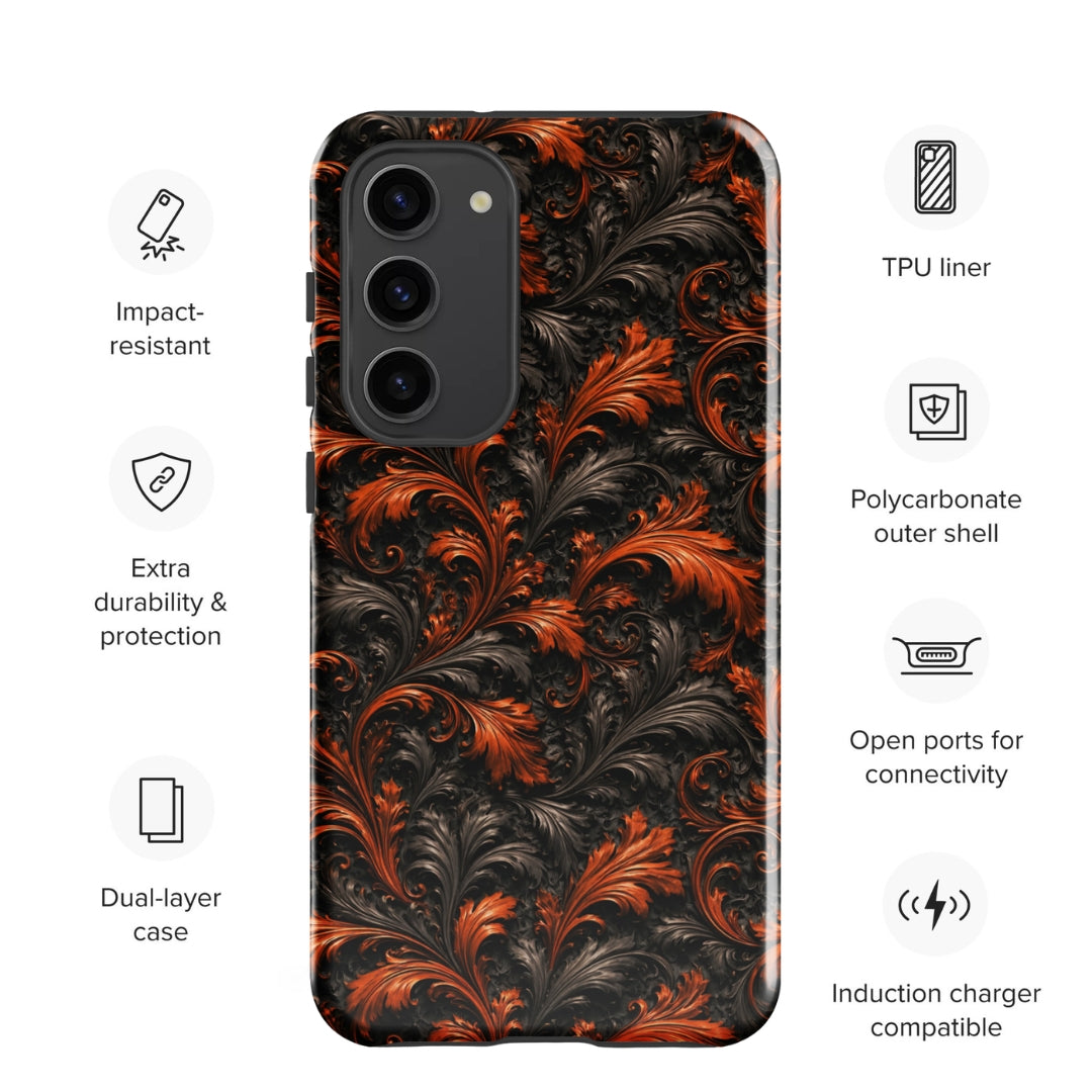 Burnt Orange Filigree Tough Case for Samsung Galaxy S23 Plus – Dual Layer Protective Phone Case (Glossy or Matte)