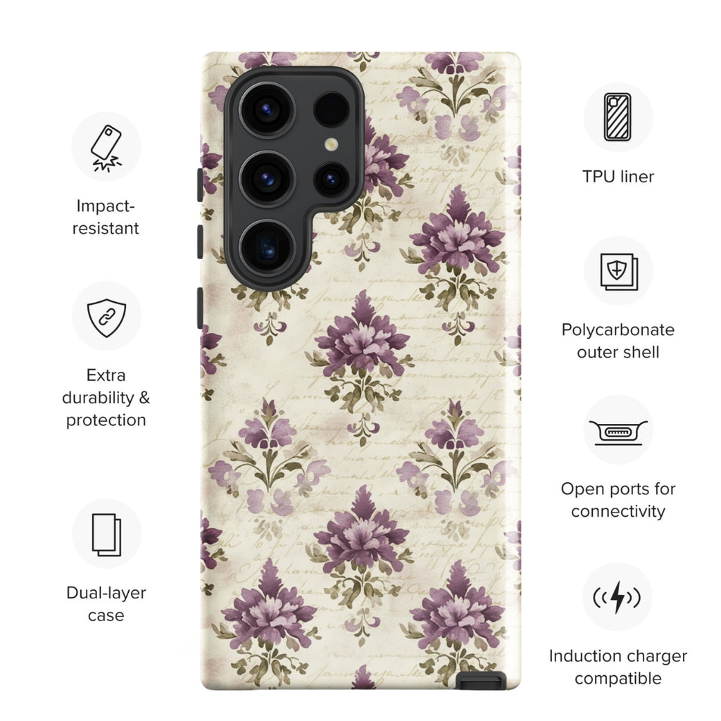 Vintage Floral Damask Tough Case for Samsung Galaxy S23 Ultra – Dual Layer Protective Phone Case (Glossy or Matte)