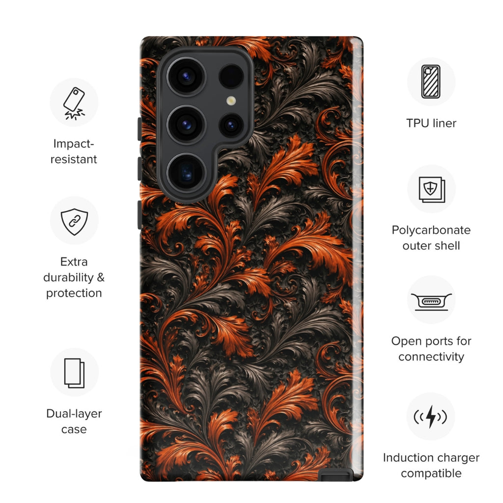 Burnt Orange Filigree Tough Case for Samsung Galaxy S23 Ultra – Dual Layer Protective Phone Case (Glossy or Matte)