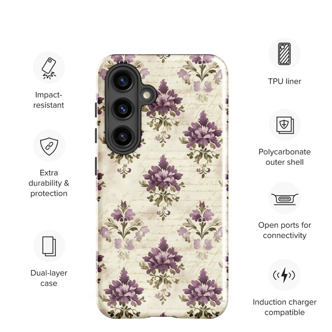 Vintage Floral Damask Tough Case for Samsung Galaxy S24 – Dual Layer Protective Phone Case (Glossy or Matte)