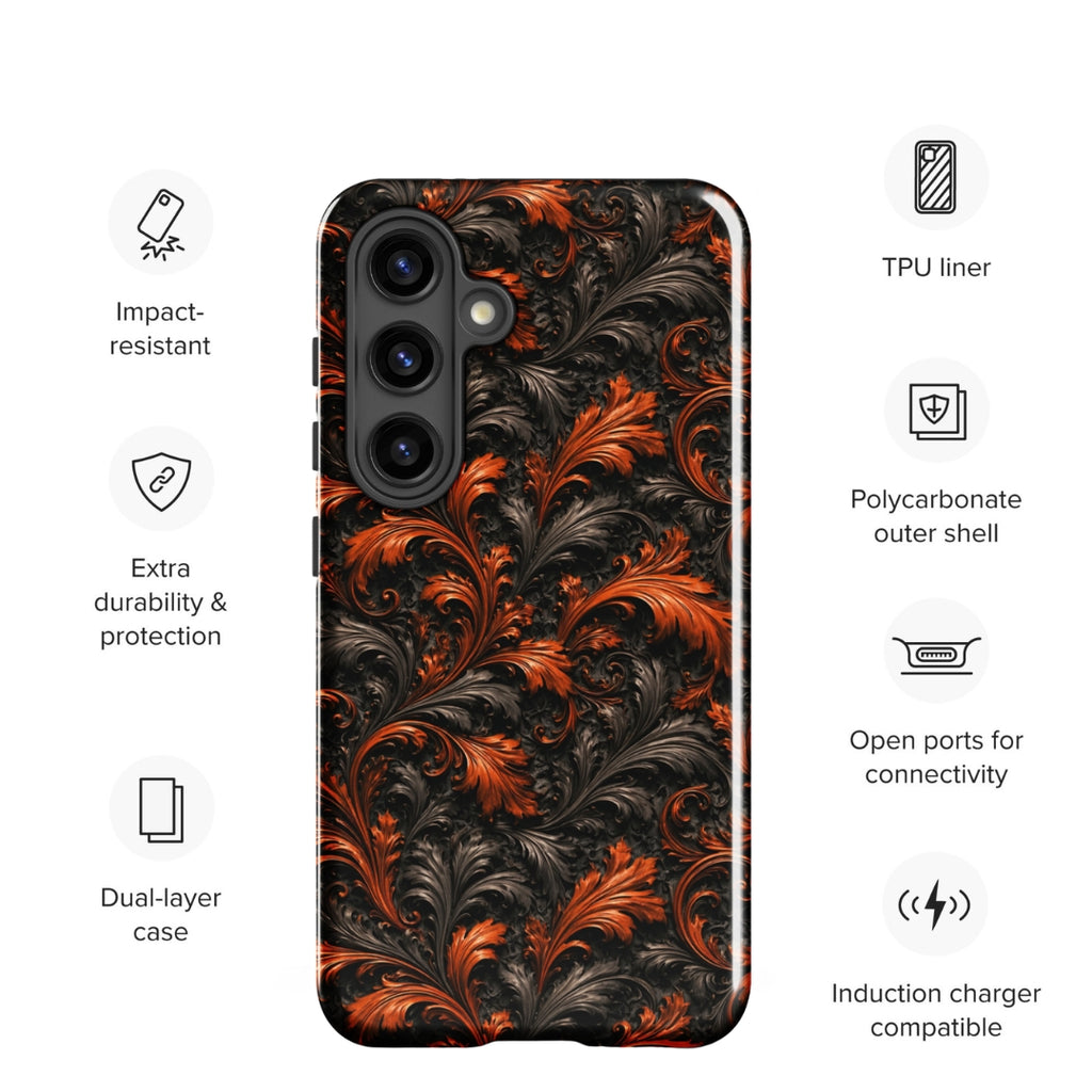 Burnt Orange Filigree Tough Case for Samsung Galaxy S24 – Dual Layer Protective Phone Case (Glossy or Matte)