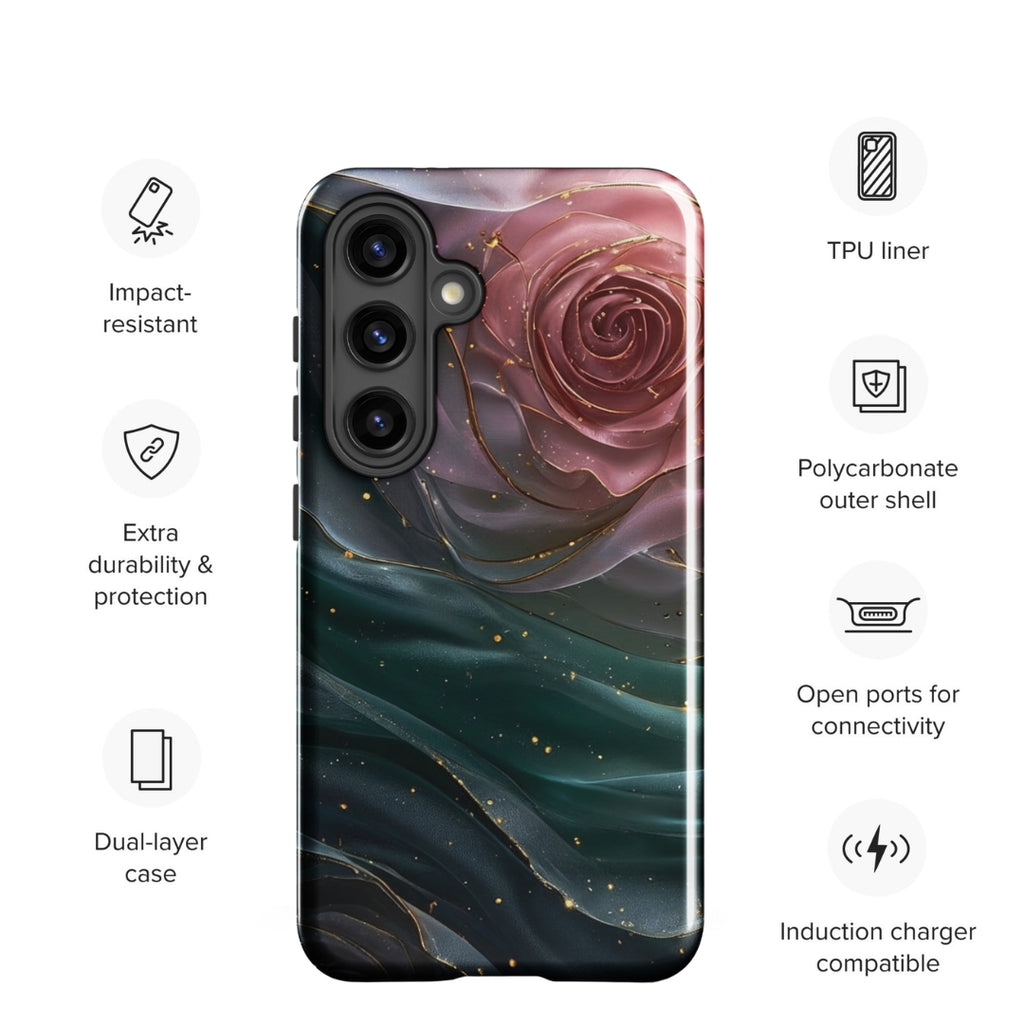 Elegant Rose Marble Tough Case for Samsung Galaxy S24 – Dual Layer Protective Phone Case (Glossy or Matte)
