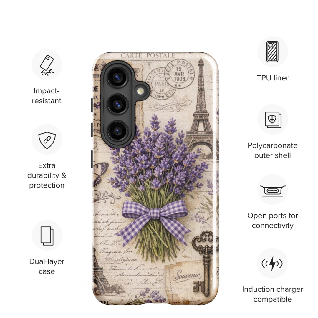 Vintage Paris Lavender Tough Case for Samsung Galaxy S24 – Dual Layer Protective Phone Case (Glossy or Matte)