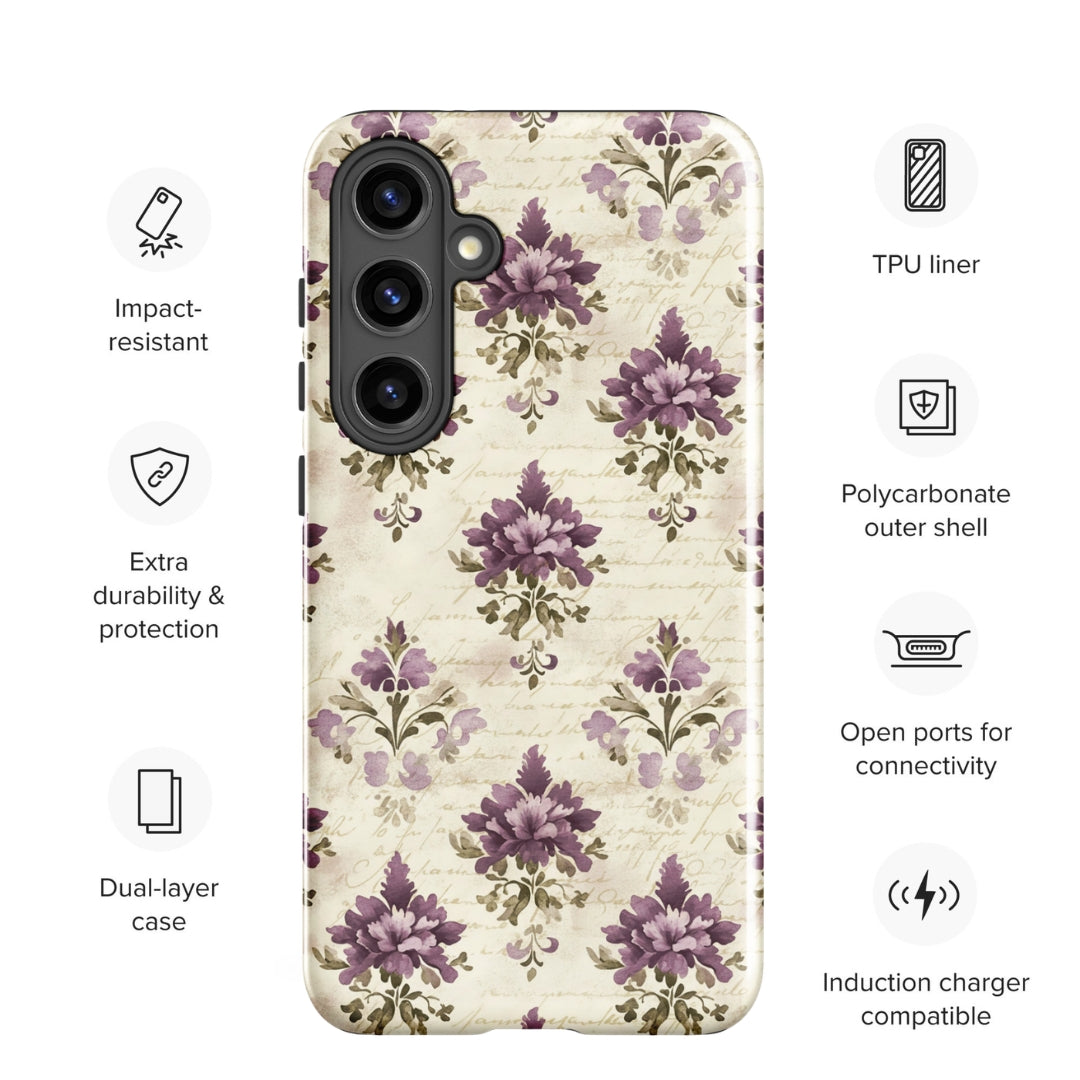 Vintage Floral Damask Tough Case for Samsung Galaxy S24 Plus – Dual Layer Protective Phone Case (Glossy or Matte)
