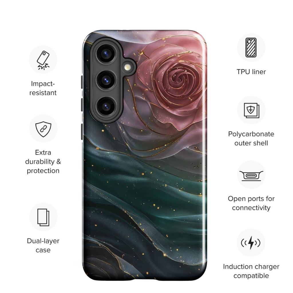 Elegant Rose Marble Tough Case for Samsung Galaxy S24 Plus – Dual Layer Protective Phone Case (Glossy or Matte)