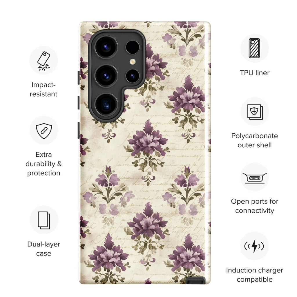 Vintage Floral Damask Tough Case for Samsung Galaxy S24 Ultra – Dual Layer Protective Phone Case (Glossy or Matte)