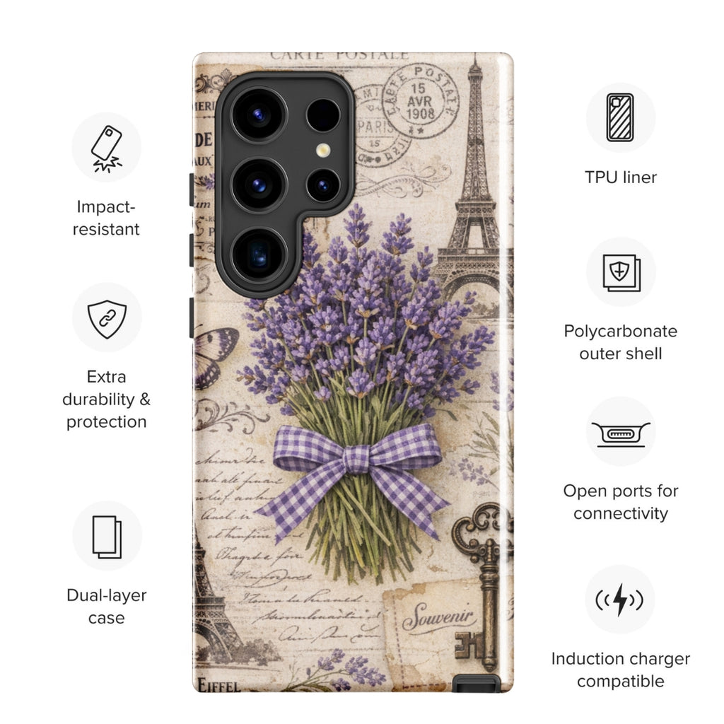 Vintage Paris Lavender Tough Case for Samsung Galaxy S24 Ultra – Dual Layer Protective Phone Case (Glossy or Matte)