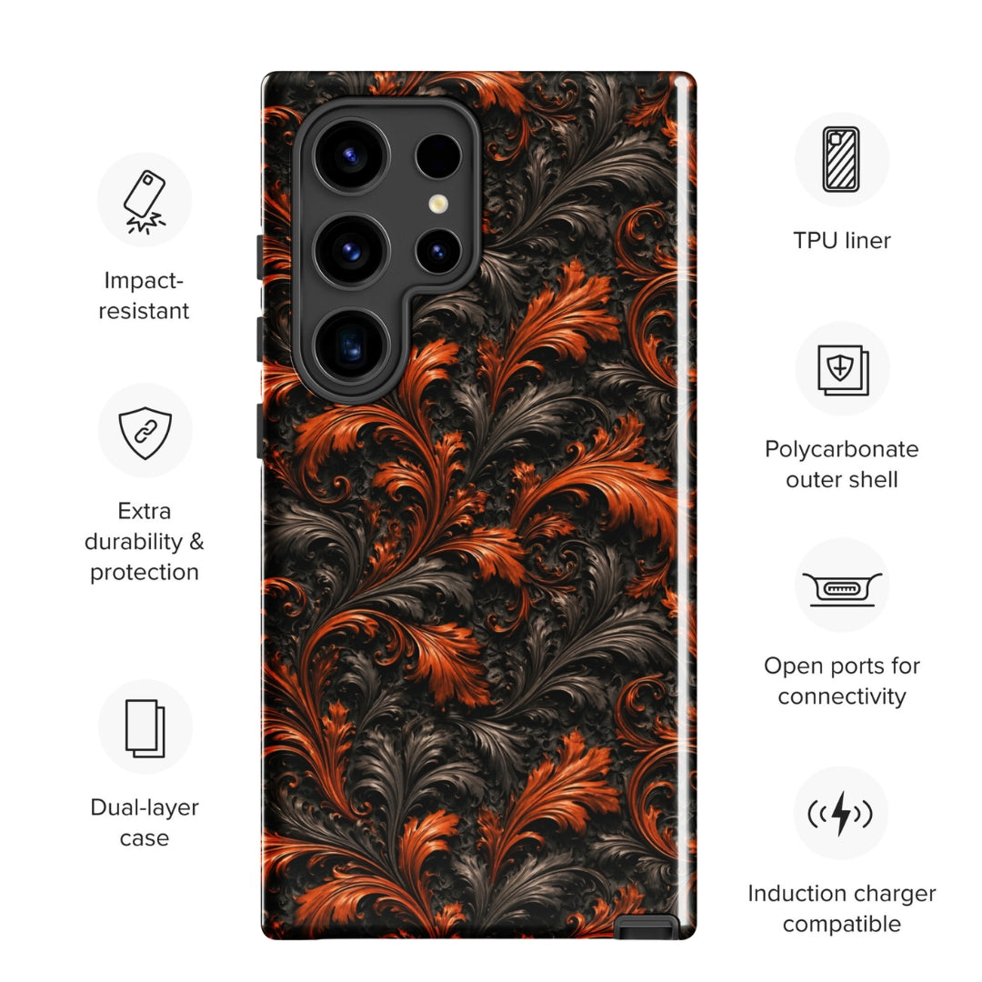 Burnt Orange Filigree Tough Case for Samsung Galaxy S24 Ultra – Dual Layer Protective Phone Case (Glossy or Matte)