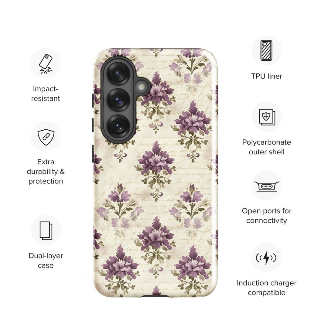 Vintage Floral Damask Tough Case for Samsung Galaxy S25 – Dual Layer Protective Phone Case (Glossy or Matte)
