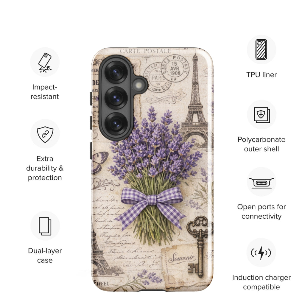 Vintage Paris Lavender Tough Case for Samsung Galaxy S25 – Dual Layer Protective Phone Case (Glossy or Matte)