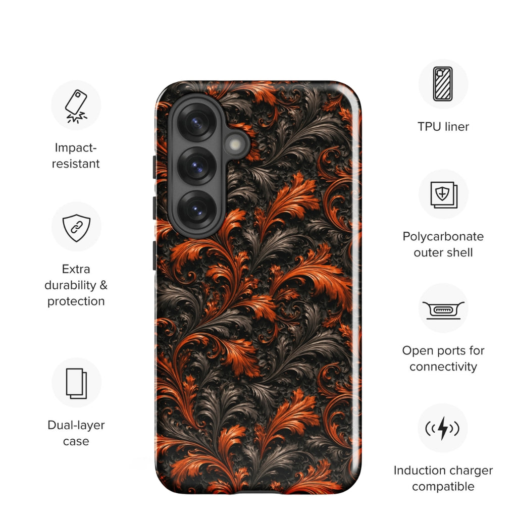 Burnt Orange Filigree Tough Case for Samsung Galaxy S25 – Dual Layer Protective Phone Case (Glossy or Matte)