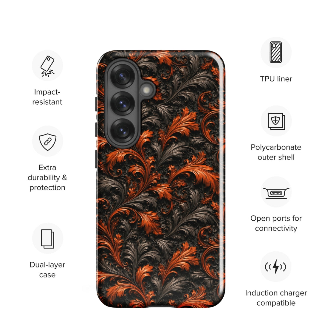Burnt Orange Filigree Tough Case for Samsung Galaxy S25 – Dual Layer Protective Phone Case (Glossy or Matte)