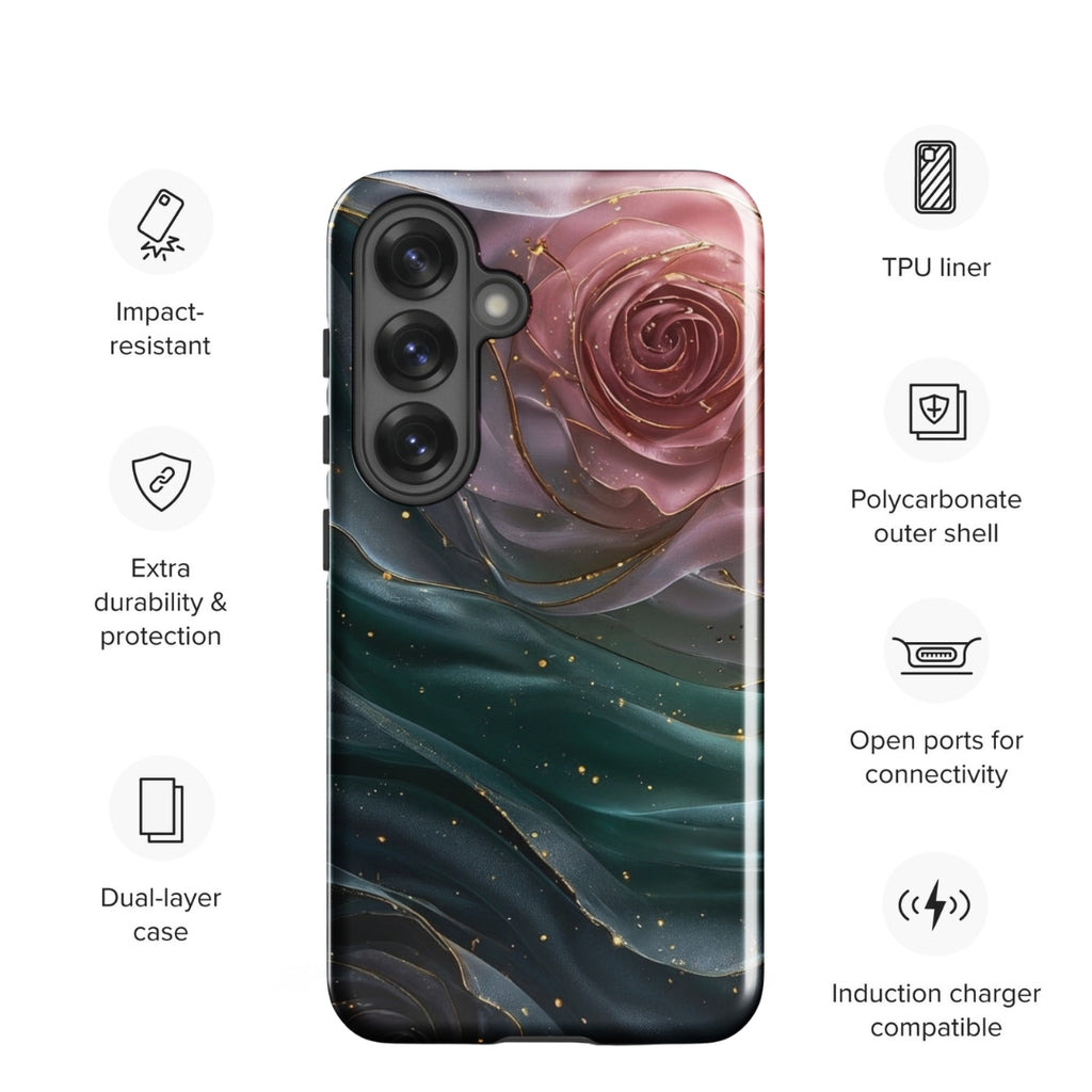 Elegant Rose Marble Tough Case for Samsung Galaxy S25 – Dual Layer Protective Phone Case (Glossy or Matte)