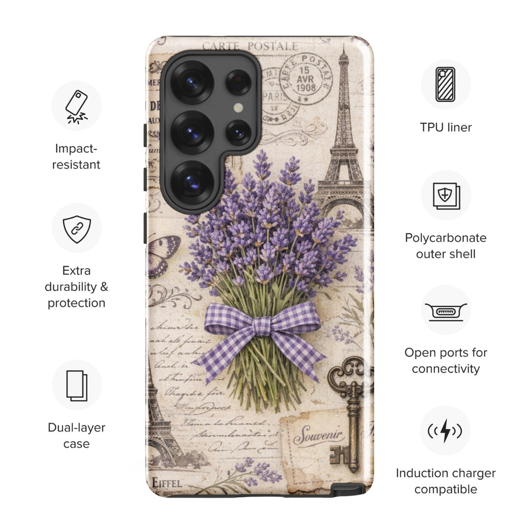 Vintage Paris Lavender Tough Case for Samsung Galaxy S25 Ultra – Dual Layer Protective Phone Case (Glossy or Matte)