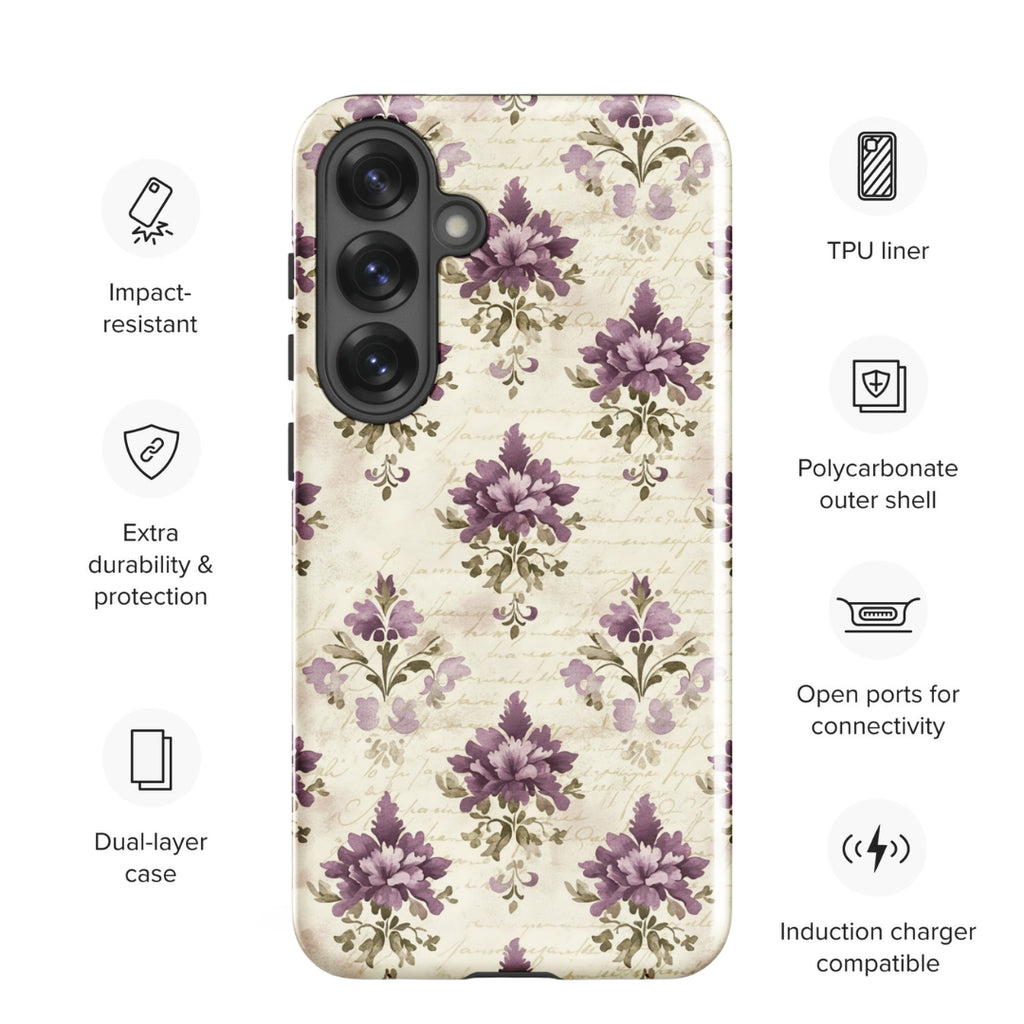 Vintage Floral Damask Tough Case for Samsung Galaxy S25 Plus – Dual Layer Protective Phone Case (Glossy or Matte)
