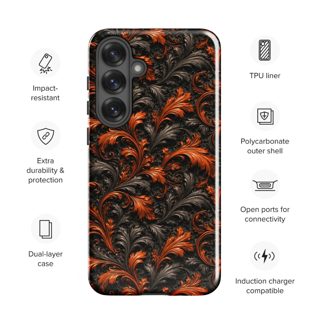 Burnt Orange Filigree Tough Case for Samsung Galaxy S25 Plus – Dual Layer Protective Phone Case (Glossy or Matte)