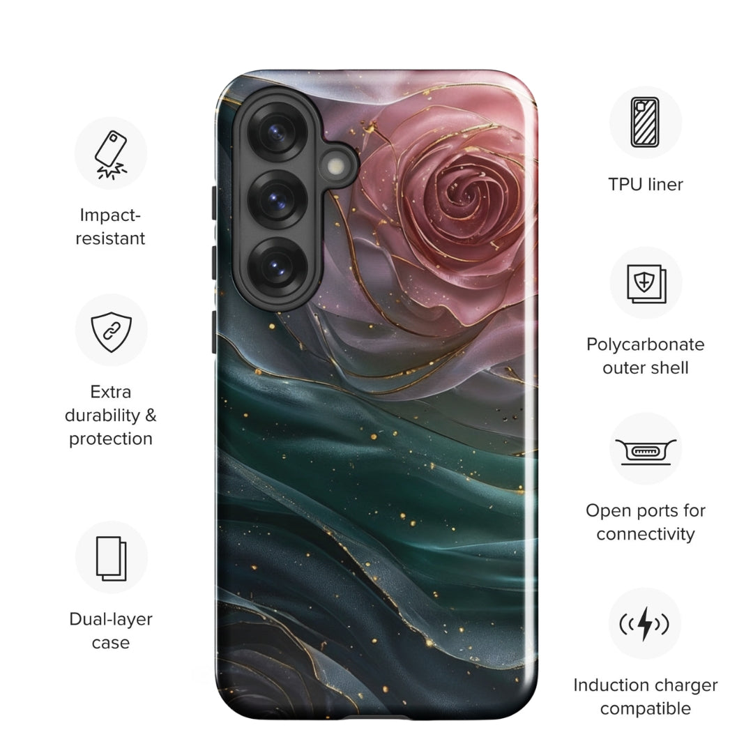 Elegant Rose Marble Tough Case for Samsung Galaxy S25 Plus – Dual Layer Protective Phone Case (Glossy or Matte)