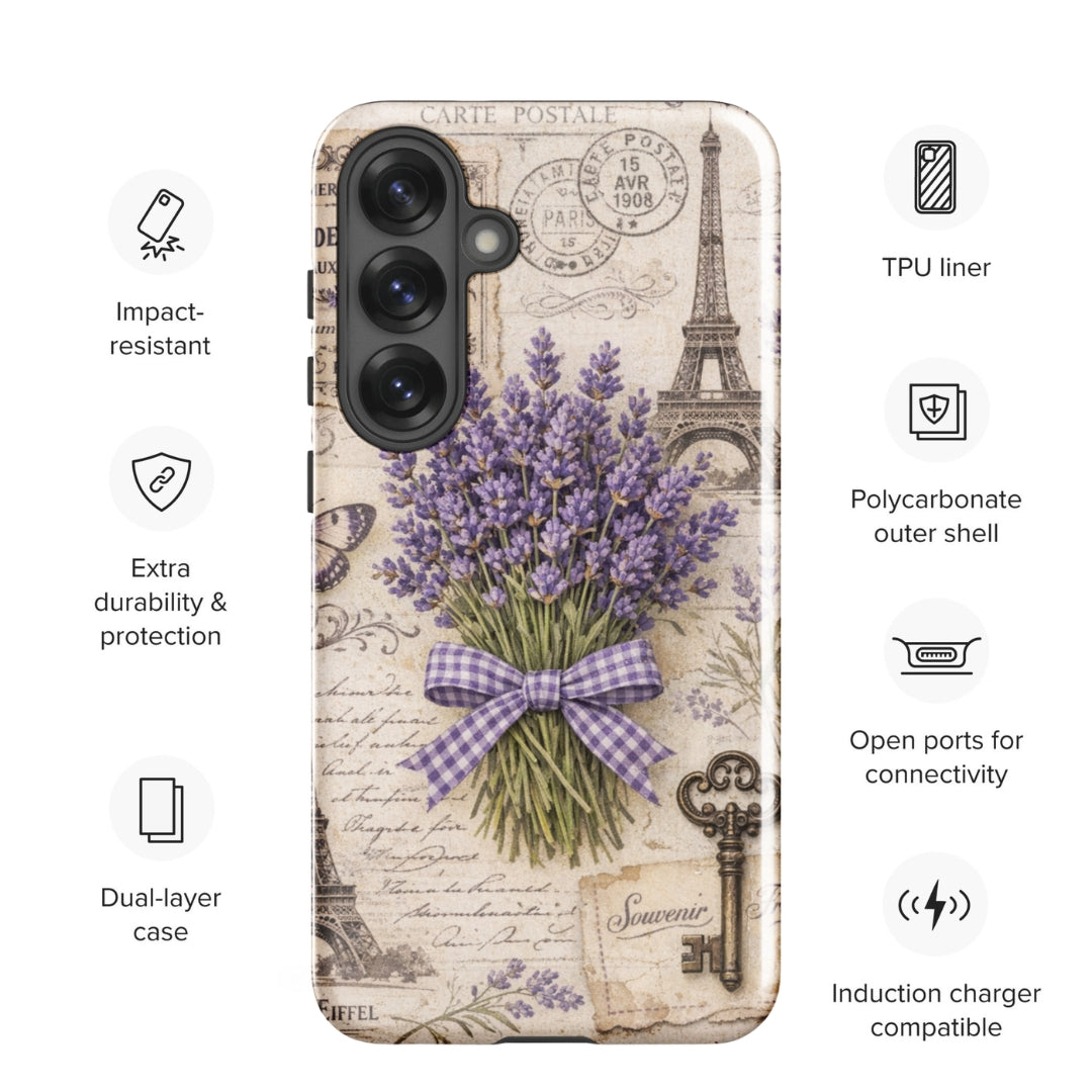Vintage Paris Lavender Tough Case for Samsung Galaxy S25 Plus – Dual Layer Protective Phone Case (Glossy or Matte)