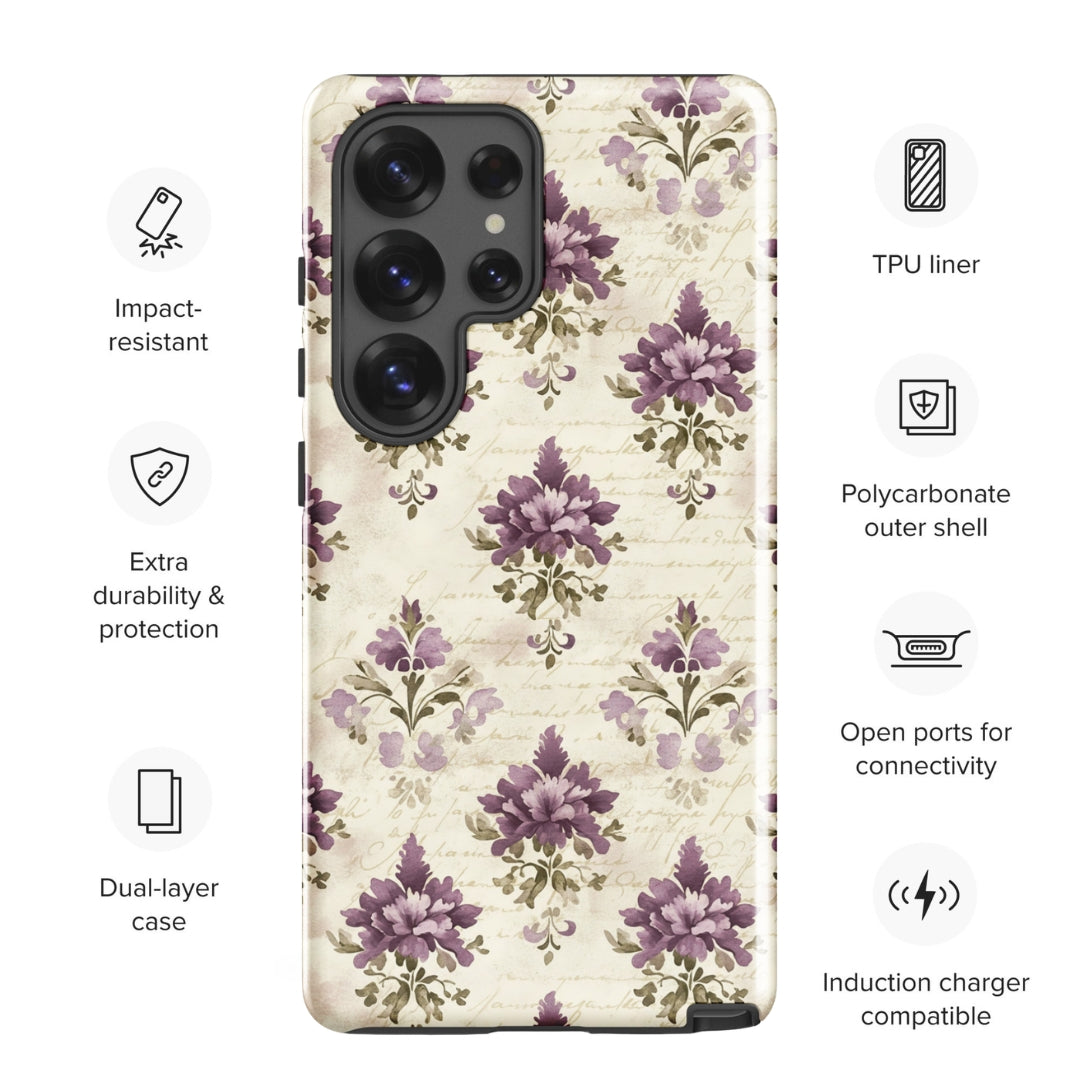 Vintage Floral Damask Tough Case for Samsung Galaxy S25 Ultra – Dual Layer Protective Phone Case (Glossy or Matte)