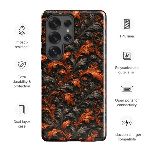 Burnt Orange Filigree Tough Case for Samsung Galaxy S25 Ultra – Dual Layer Protective Phone Case (Glossy or Matte)