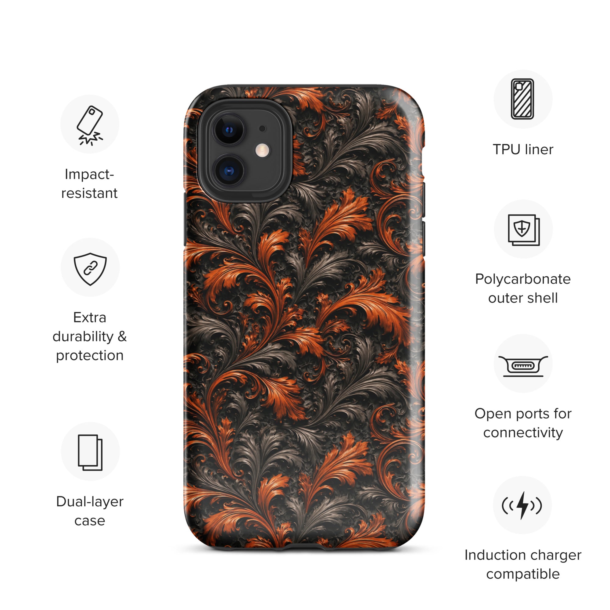 Burnt Orange Filigree Tough Case for iPhone 11