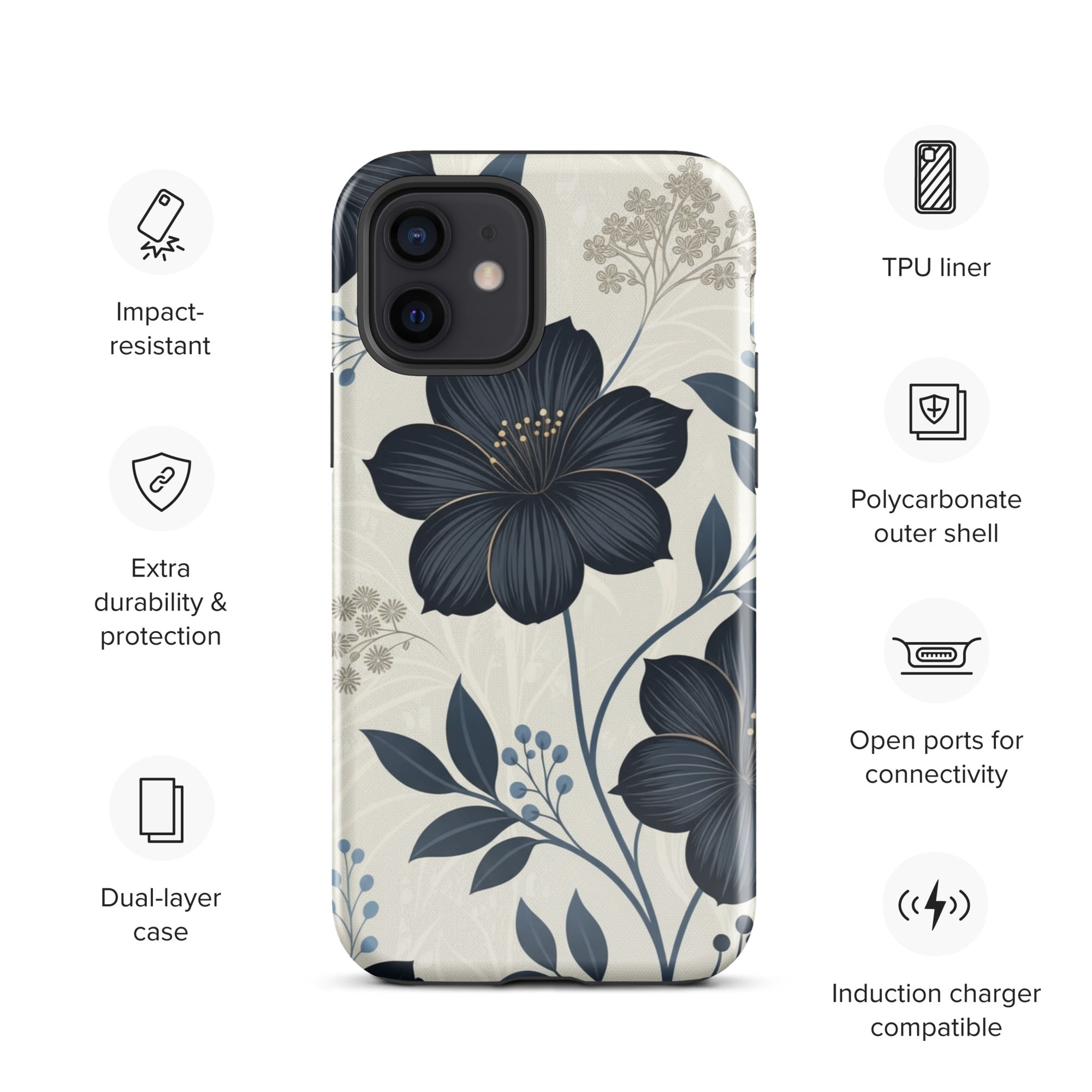 Elegant Blue Floral Tough Case for iPhone 12