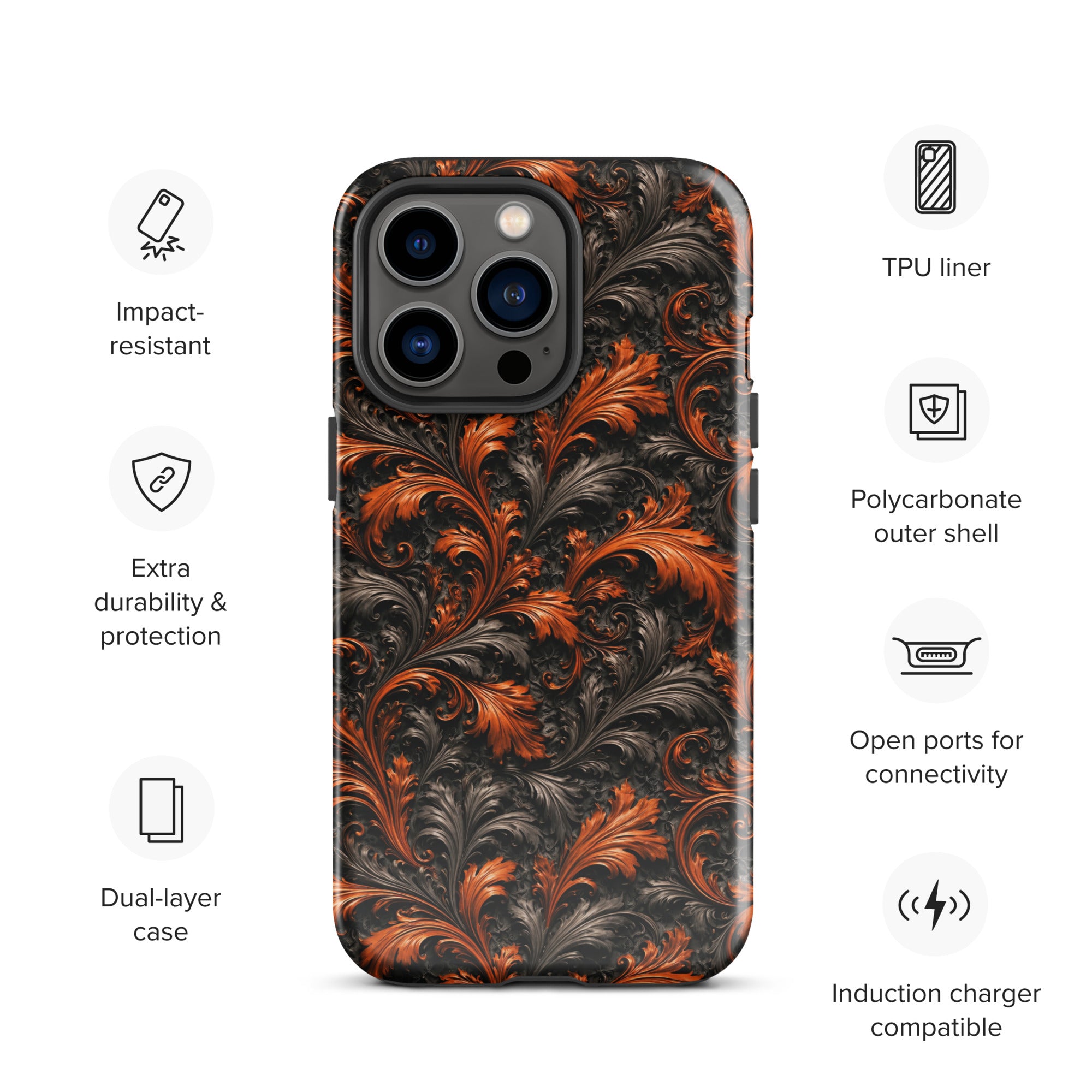 Burnt Orange Filigree Tough Case for iPhone 13 Pro